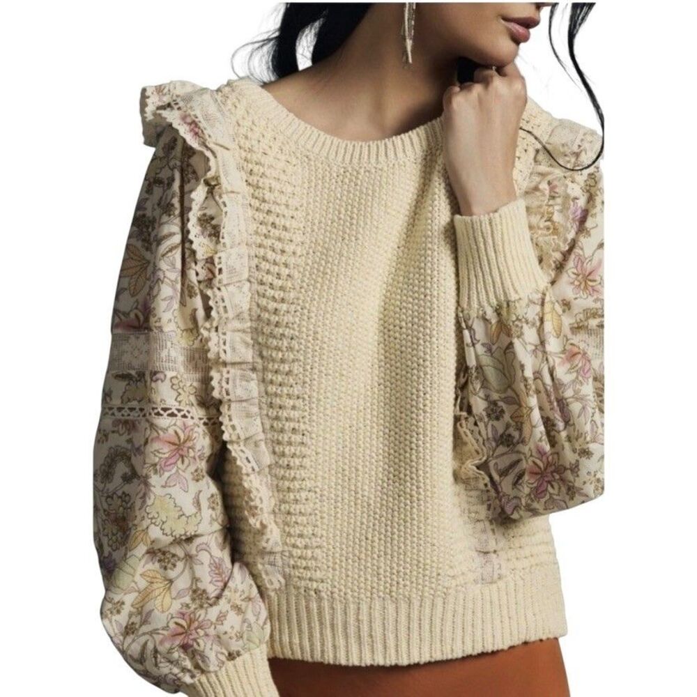 Anthropologie Women's Size XL Cream Floral Printed-Sleeve Ruffle Detail Sweater